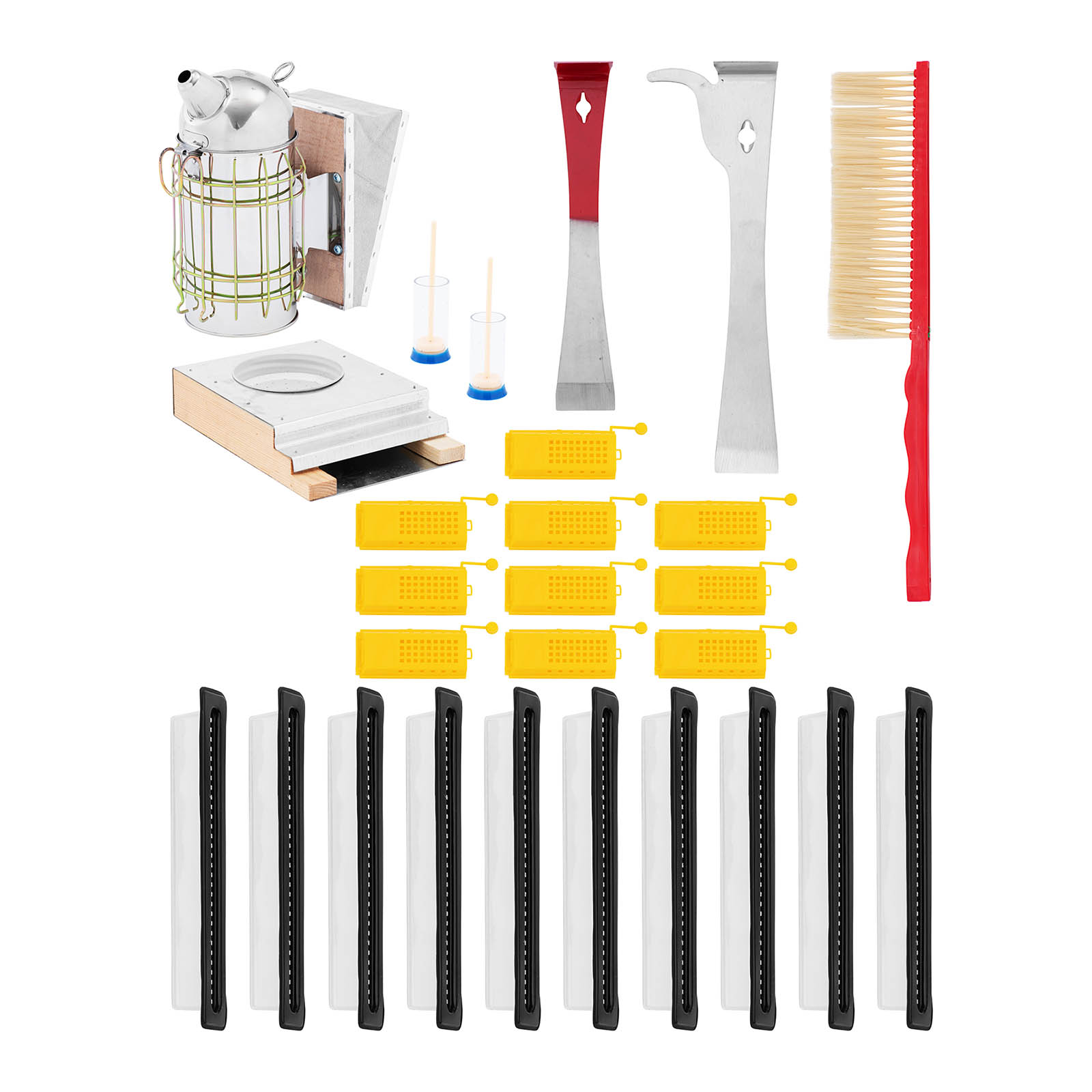Kit apiculteur - 26 pièces - Enfumoir à abeilles - Lève cadres - Cages à reines - Pièges à insectes - Brosse apiculture